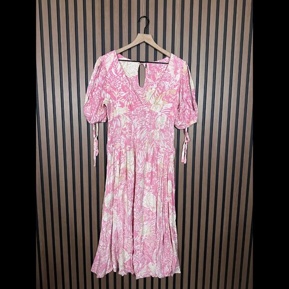 Free People Dress 6 / S Womens Pink Floral Sleeve Tie Keyhole Neck Midi - Picture 1 of 8